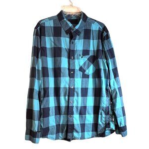 Men's American Eagle 100% Cotton Teal, Grey & Black Gingham Long Sleeve, Size XL